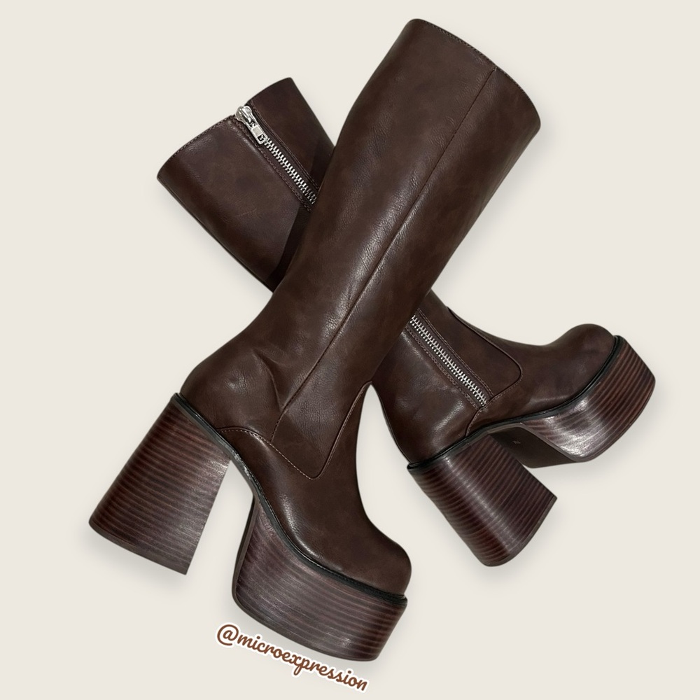 Free People Chunky Bratz Doll Chocolate Brown Leather Knee-High Platform Boots - Picture 16 of 16